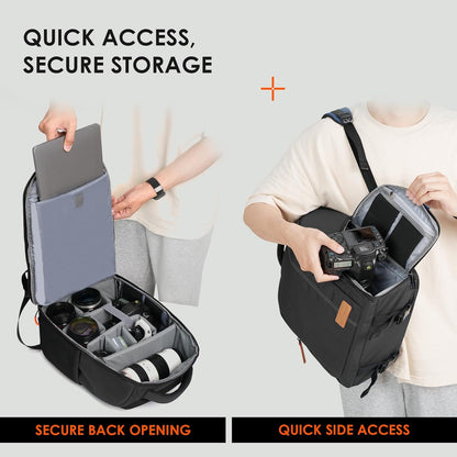 Camera Backpack for Photographers - Compact Camera Bag with 15.6 Inch Laptop Compartment - Side Access Quick Draw - Anti-Theft Hidden Pocket Tripod Holder Rain Cover - TB04 Black